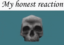 a skull is on a blue background with the words `` my honest reaction '' written above it .