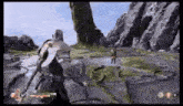 a person is playing a video game with a sword and shield .
