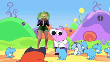 a cartoon drawing of a woman with green shorts and a black shirt