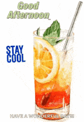 a glass of orange juice with a straw and the words " good afternoon stay cool have a wonderful day "