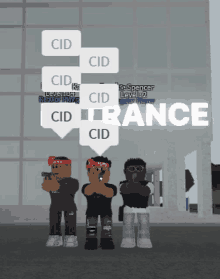 a group of roblox characters are standing in front of a building with a trance sign