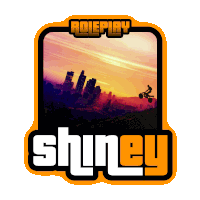 a logo for roleplay shiney shows a man on a motorcycle