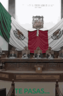 a group of people sitting in front of a large mexican flag with the words te pasas on the bottom