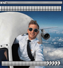 a man in a pilot 's uniform is taking a selfie with a caption that says what