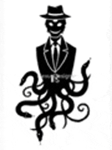 a black and white silhouette of a man in a suit and tie with tentacles coming out of his chest .