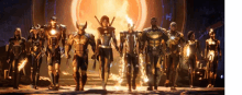 a group of superhero characters are standing next to each other in front of a large sun