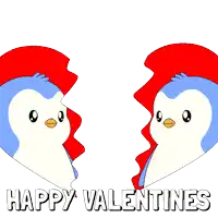 two penguins kissing inside of a heart with the words happy valentines