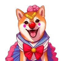 a dog wearing a clown costume with a red nose and a bow