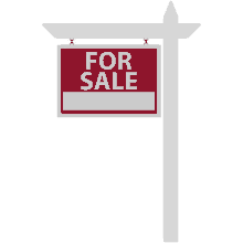 a red for sale sign hanging from a white post