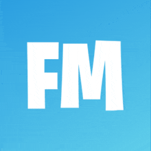 a blue background with the word fm in white