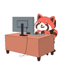 a cartoon of a red panda sitting at a desk with a computer and the words work work work above him