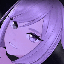 a close up of a purple haired anime girl