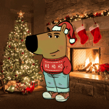 a cartoon bear wearing a ho ho ho sweater stands in front of a christmas tree