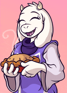 a cartoon drawing of a goat holding a pie and smiling