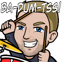 a cartoon of a man holding a drum stick with the words ba-dum-tss on the bottom