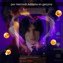 a phone screen shows a picture of wednesday addams and the words pov mercredi addams en garcons