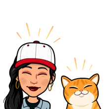 a cartoon of a woman wearing a baseball cap next to a cat with its eyes closed