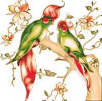 a couple of birds sitting on a tree branch with flowers