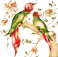 a couple of birds sitting on a tree branch with flowers