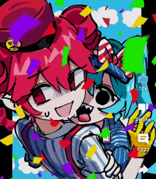 a drawing of a girl with red hair and a boy with blue hair is surrounded by colorful confetti