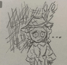 a drawing of a scarecrow wearing a hat with a sad look on his face