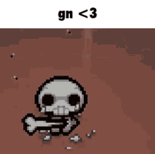 a pixel art of a skeleton with a skull and crossbones on a brown background .