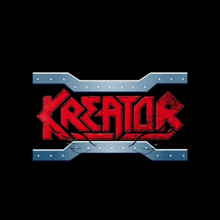 a black background with a red and blue logo for the band kreator