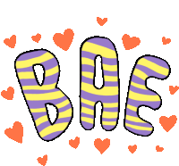 the word bae is surrounded by hearts in yellow and purple