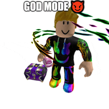 a roblox character is holding a purple box with the words god mode written above him