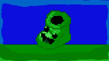 a pixel art drawing of a green worm with a blue background