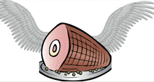 a cartoon drawing of a ham with wings on a plate