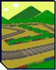 it is a cartoon of a race track with mountains in the background .