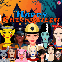 a group of women dressed up for halloween with the words happy chickoween on the top