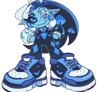 a drawing of a cartoon character with blue shoes