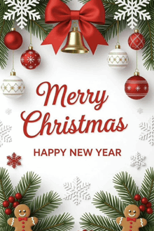 a merry christmas and happy new year card with gingerbread men and christmas decorations