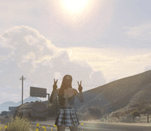 a woman in a plaid skirt is giving a peace sign while standing on the side of the road