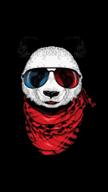 a panda bear wearing sunglasses and a red scarf .