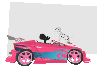 a dalmatian dog sits on top of a pink sports car