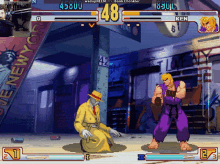 a video game screen shows a man in a yellow coat kneeling next to a man in a purple outfit