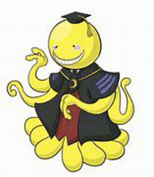 a yellow octopus wearing a graduation cap and gown is sitting on a white background .