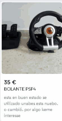 a picture of a steering wheel and pedals with the price of 35 euros