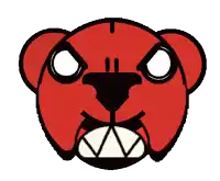 a cartoon drawing of a red bear with white eyes