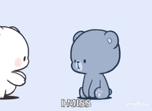 a cartoon of two teddy bears hugging each other with the words `` i miss '' written on the bottom .