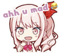 a sticker of a girl with the words ahh u mad above her head