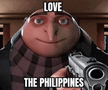 gru from despicable me is holding a gun in his hand and pointing it at the philippines .