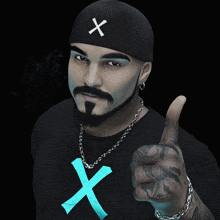 a man with a beard wearing a black shirt with an x on it gives a thumbs up