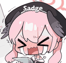 a cartoon drawing of a girl with the word sadge on top