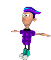 a 3d model of a cartoon character wearing a purple plaid shirt and a blue hat