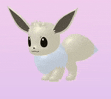 a white eevee with brown ears is standing on a pink surface .