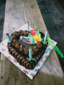 a heart shaped chocolate birthday cake with candles and a sign that says happy birthday